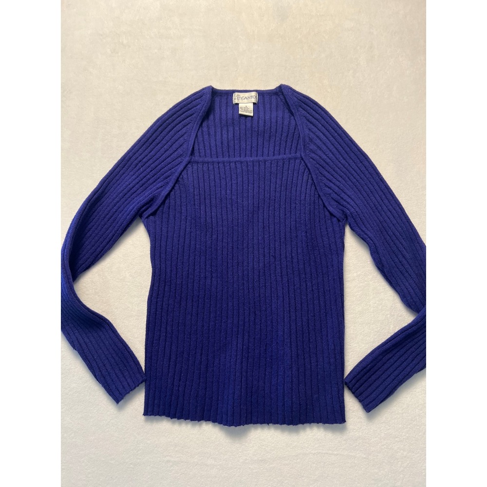 Gantos Small Sweater Ribbed Knit Square Neck Purple Ramie Cotton Preppy Minimal